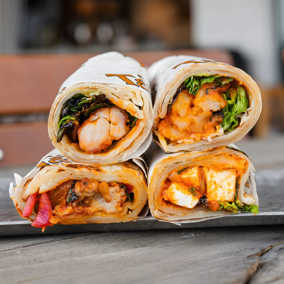 Four Indian wraps, two chicken and two paneer, stacked on a wooden surface.